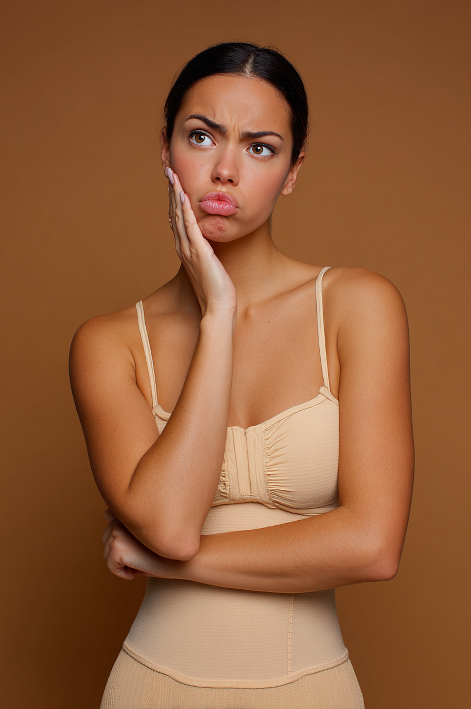Mujer joven con rasgos latinos, cabello oscuro recogido y expresión pensativa, con la mano en la mejilla. Viste top y faja color beige sobre fondo marrón cálido.