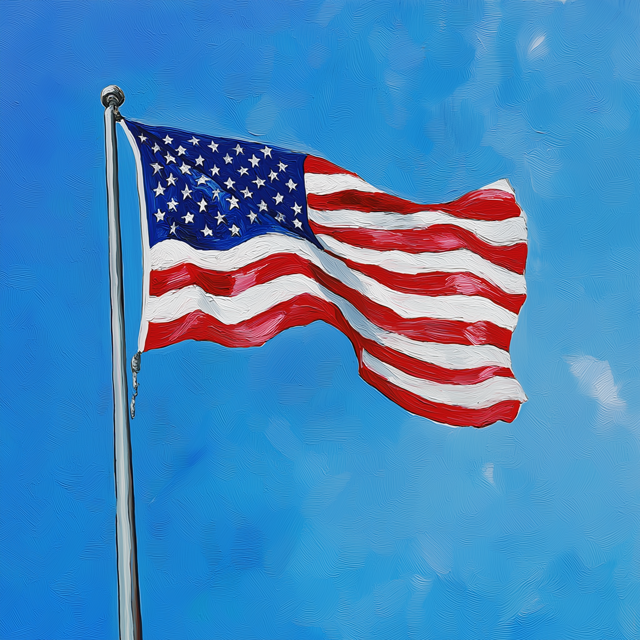Lienzo con la bandera de Estados Unidos izada, destacando sobre un cielo azul brillante.