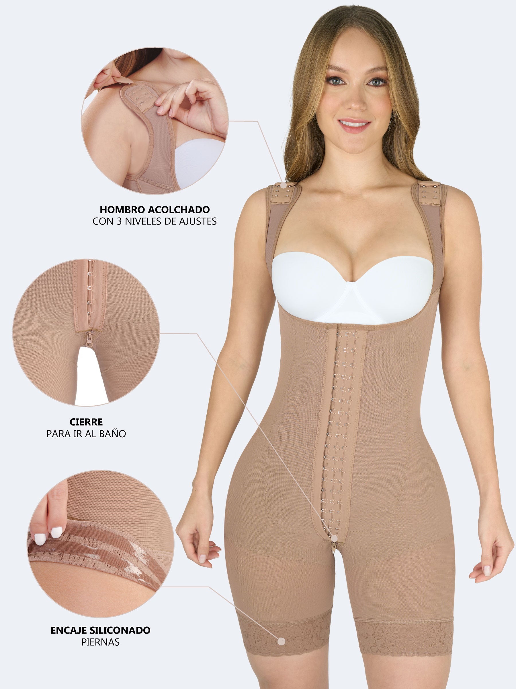 Imagen con acercamientos a los beneficios de la faja colombiana full body con broches color moca: hombros acolchados con 3 niveles, cierre para ir al baño y encaje siliconado en piernas