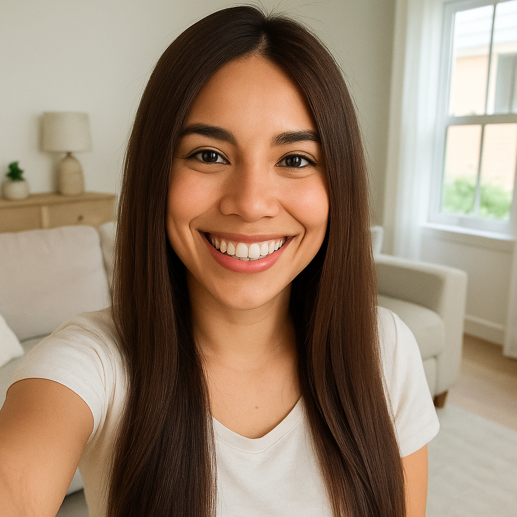Mujer joven sonriente de cabello largo y lacio posa en una sala iluminada por la luz natural. Viste camiseta blanca y al fondo se ven un sofá y una ventana.