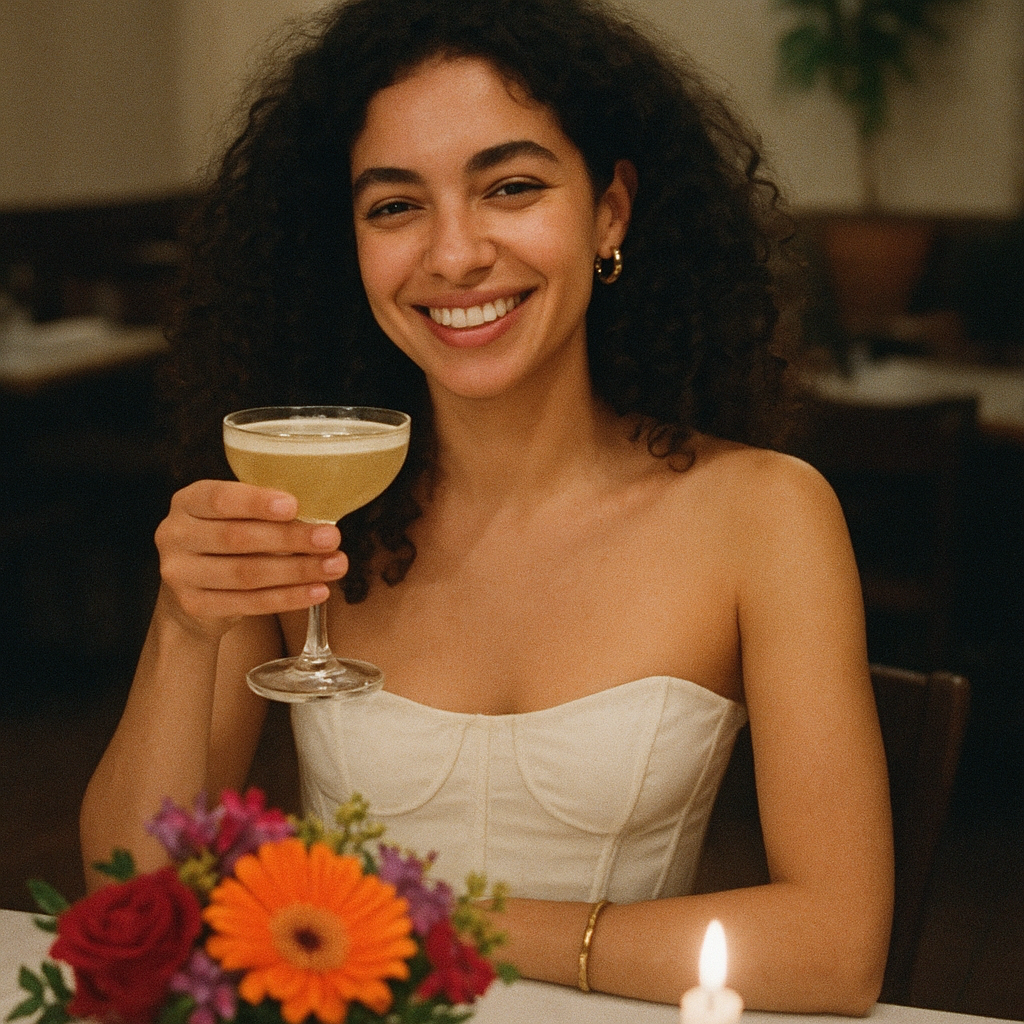 Mujer sonriente de cabello rizado sostiene una copa de cóctel en un restaurante. Viste un top blanco sin tirantes y en la mesa hay flores y una vela encendida.