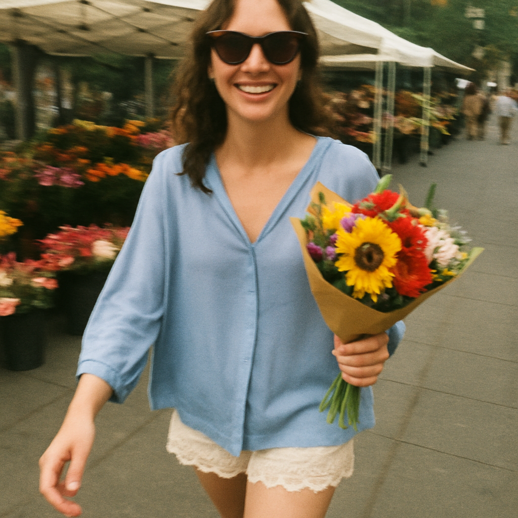 Mujer sonriente camina por un mercado de flores al aire libre. Lleva blusa azul clara, shorts blancos de encaje, gafas oscuras y sostiene un ramo colorido.