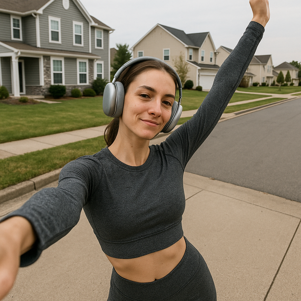 Mujer en el gimnasio se toma una selfie frente al espejo. Viste conjunto deportivo verde oliva de top y leggings, con el cabello recogido en una coleta.