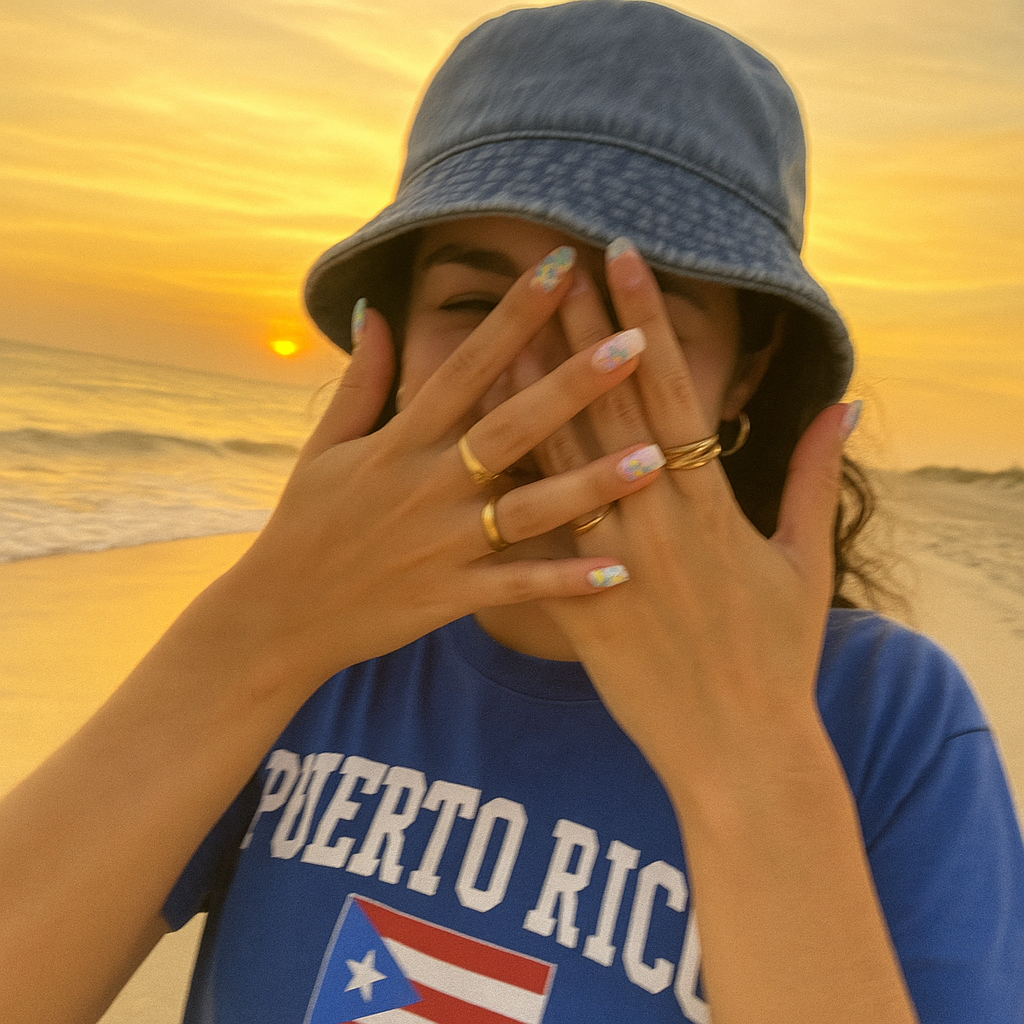 Mujer en la playa al atardecer lleva sombrero de mezclilla y camiseta azul con la bandera de Puerto Rico. Cubre su rostro con las manos mostrando anillos y uñas decoradas.