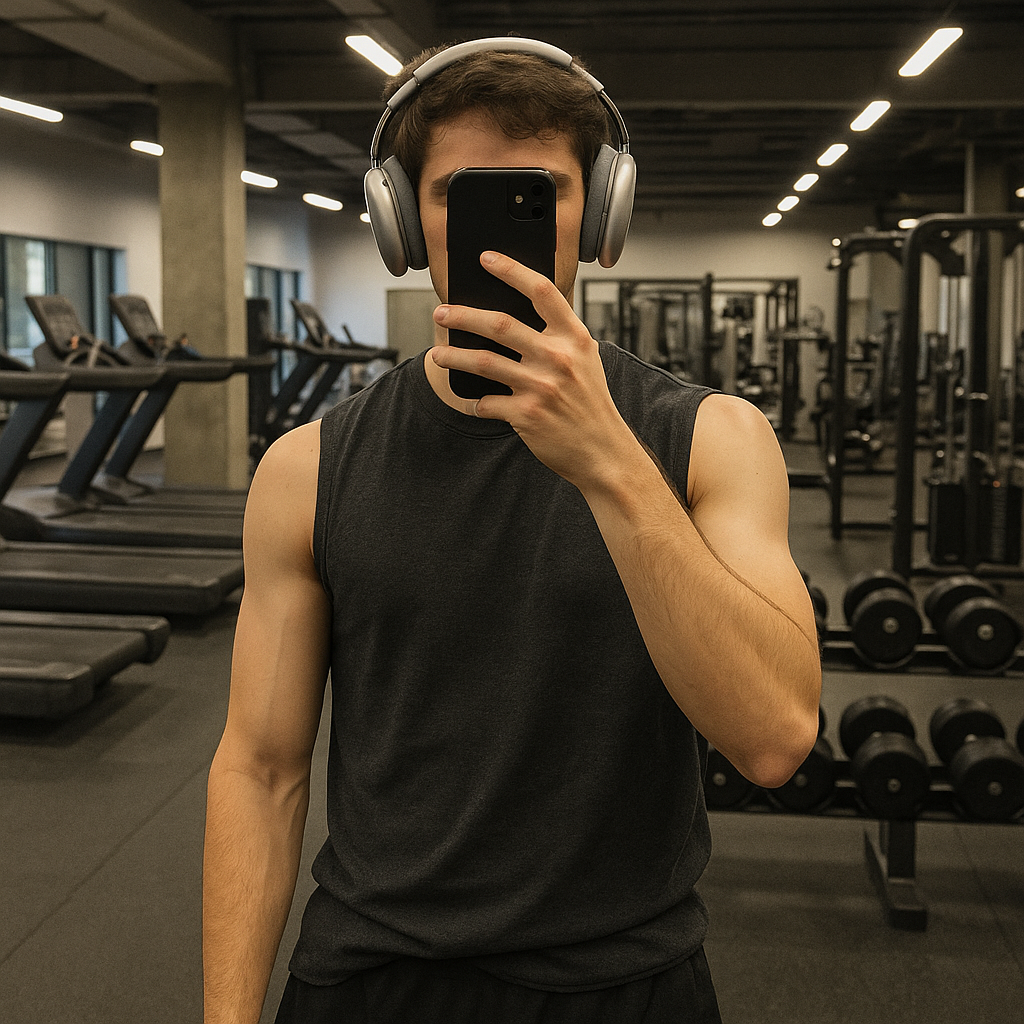 Hombre en el gimnasio se toma una selfie frente al espejo. Lleva camiseta sin mangas negra, auriculares grandes y sostiene el celular frente a su rostro.
