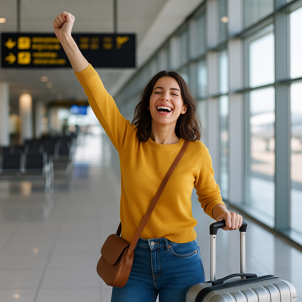 Mujer sonriente en un aeropuerto levanta un brazo en señal de celebración. Viste suéter amarillo, jeans y lleva una maleta plateada junto a un bolso marrón cruzado.