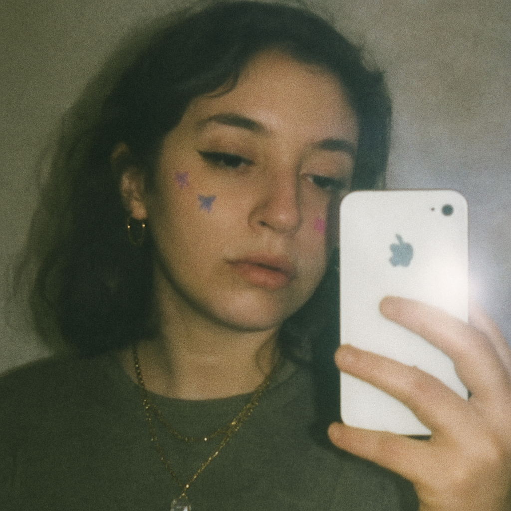 Mujer joven se toma una selfie con un iPhone en espejo. Tiene stickers de mariposas en las mejillas, usa delineado negro y viste camiseta gris con collares dorados.