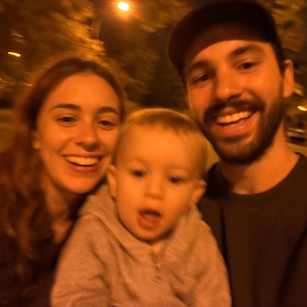 Una pareja sonriente toma una selfie nocturna al aire libre junto a un niño pequeño en brazos. La imagen está un poco borrosa por el movimiento.
