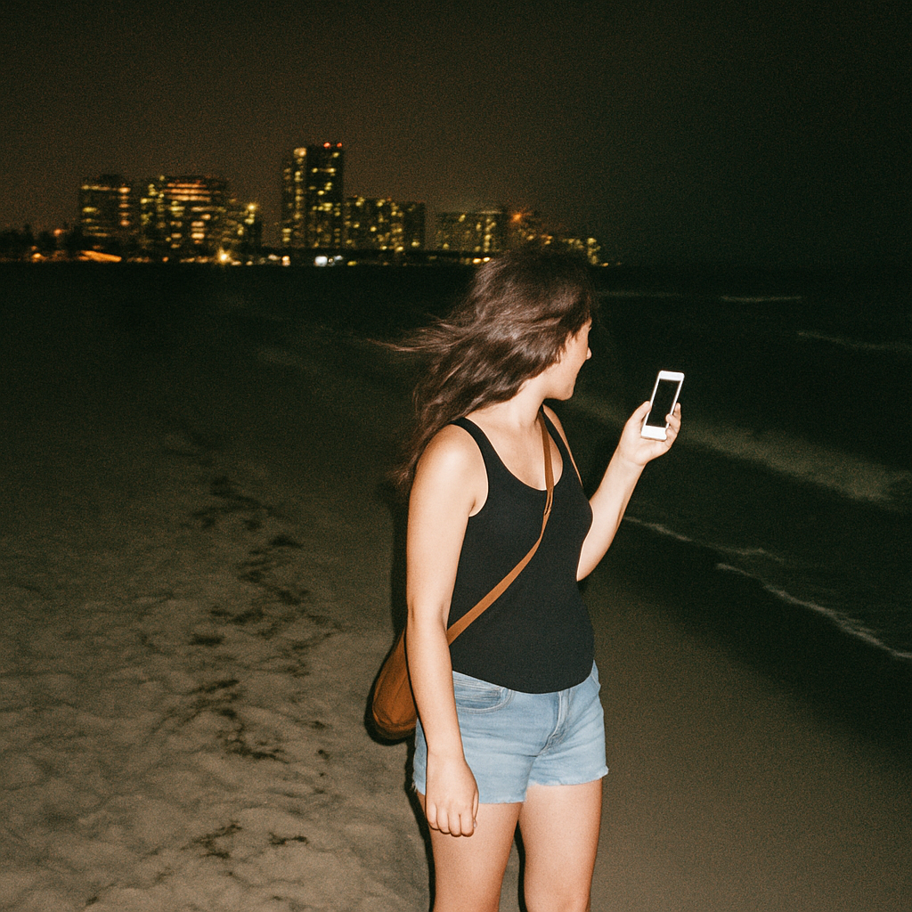 Mujer de cabello largo camina de noche por la playa con un celular en la mano. Viste blusa negra sin mangas y shorts de mezclilla, con la ciudad iluminada al fondo.