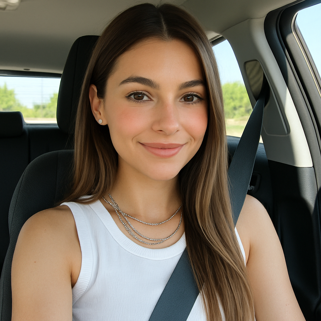 Mujer joven de cabello lacio y castaño se toma una selfie dentro de un auto. Viste blusa blanca sin mangas, collar plateado y lleva puesto el cinturón de seguridad.