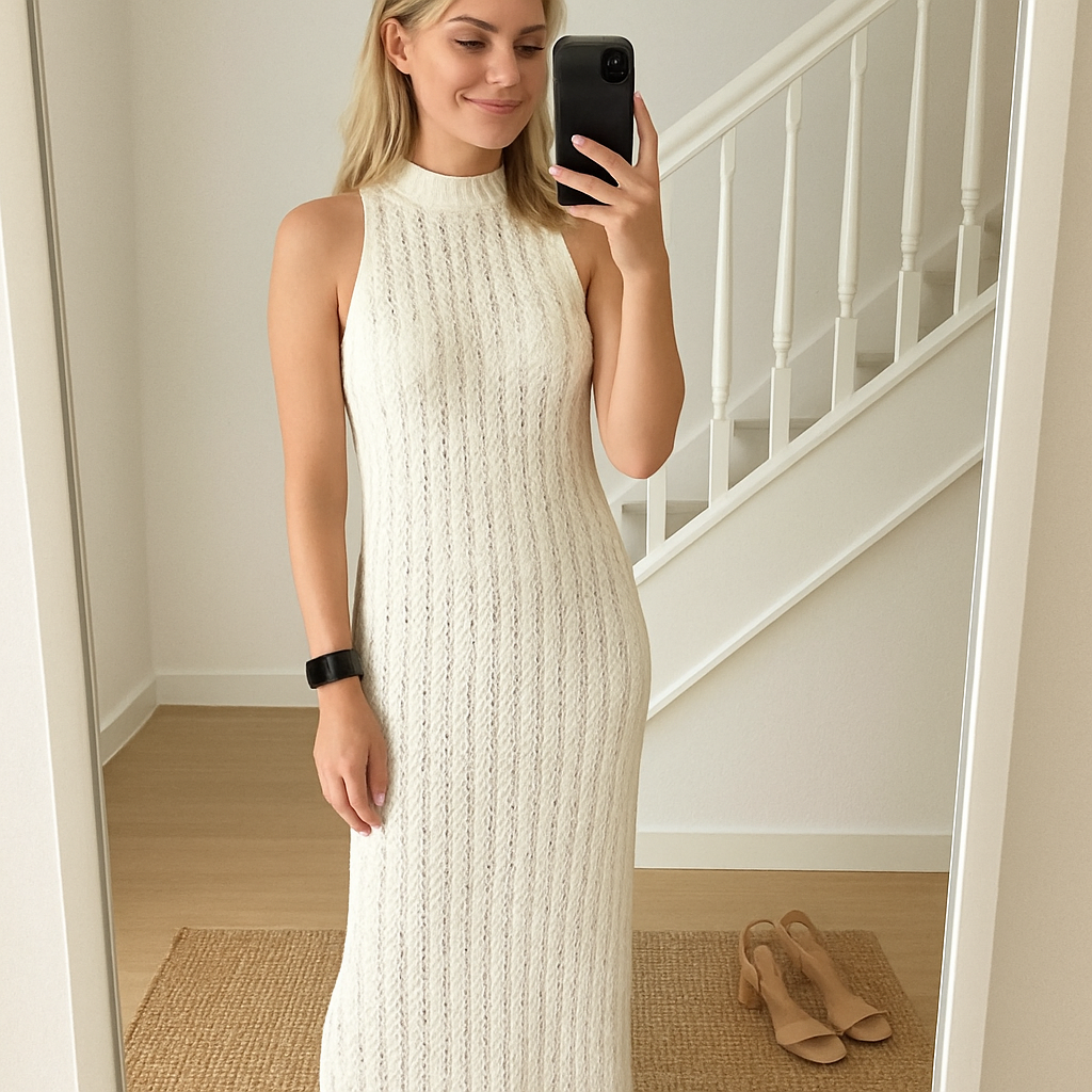 Mujer rubia sonrĆe mientras se toma una selfie en espejo. Viste un vestido largo blanco sin mangas y detrĆ”s se ven unas escaleras y sandalias en el suelo.