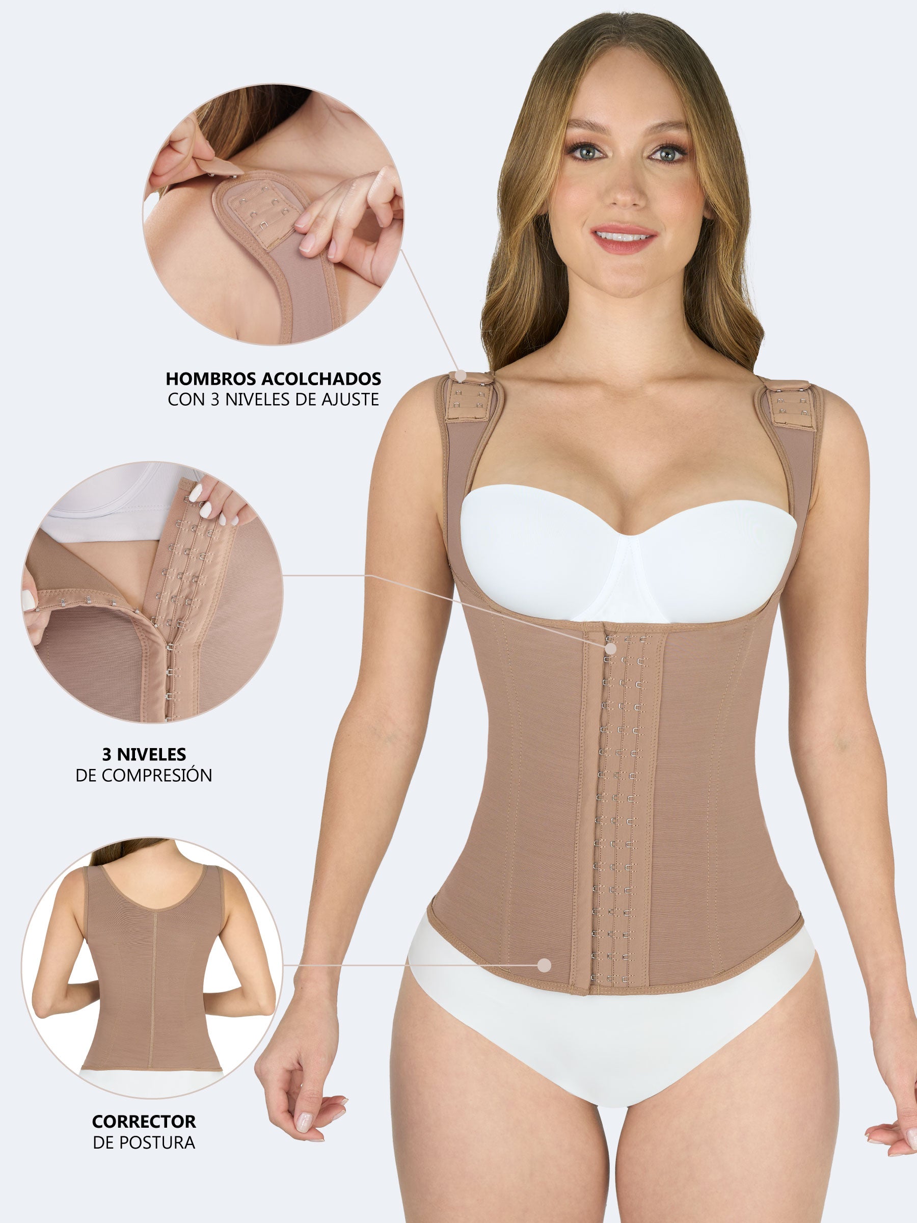 Chaleco Moldeador Faja Colombiana en color moca, con hombros acolchados de 3 niveles de ajuste, compresión graduable en 3 niveles y diseño corrector de postura para moldear cintura y espalda