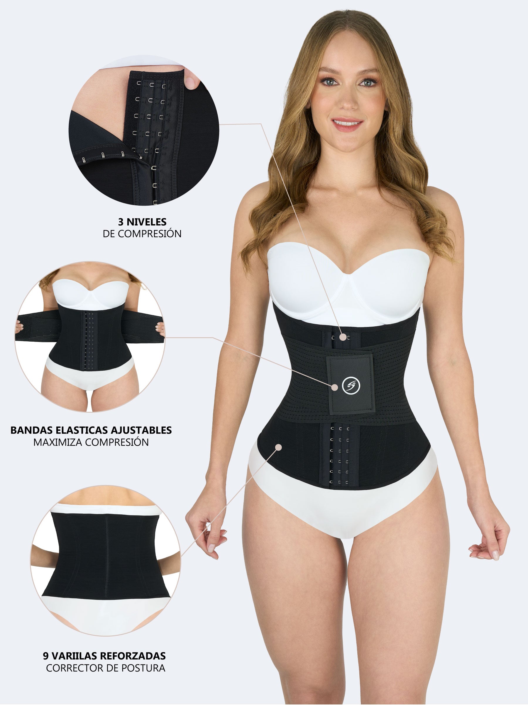 Mujer usando Cinturilla Reloj de Arena con Elásticos en color negro, Faja Colombiana con tres niveles de compresión en broches frontales, bandas elásticas ajustables que maximizan la compresión y nueve varillas reforzadas para corregir la postura. La imagen incluye acercamientos que destacan cada detalle de la prenda