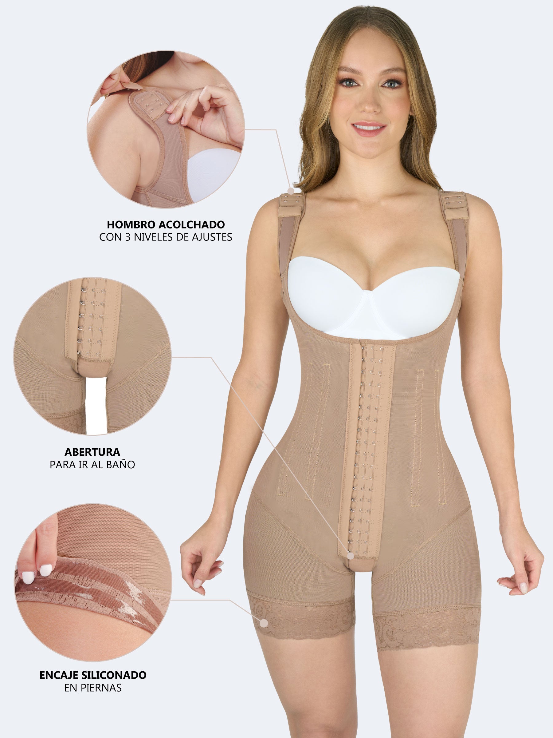 Mujer usando faja colombiana full body color moca con broches y varillas, vista frontal con acercamientos que muestran hombro acolchado, abertura íntima y encaje siliconado en piernas