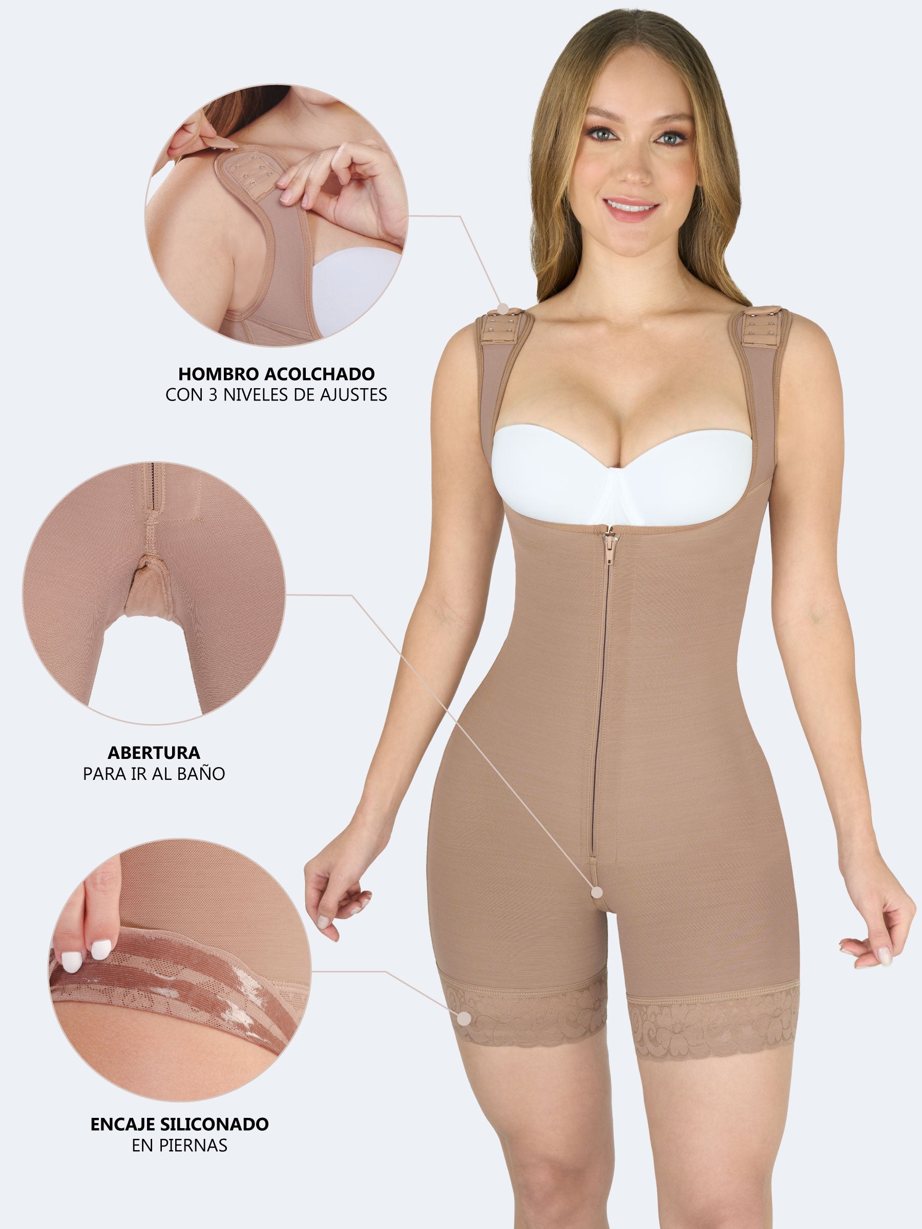 Faja colombiana full body con cierre color moca, acercamientos a hombros acolchados ajustables, abertura íntima y encaje siliconado en piernas.