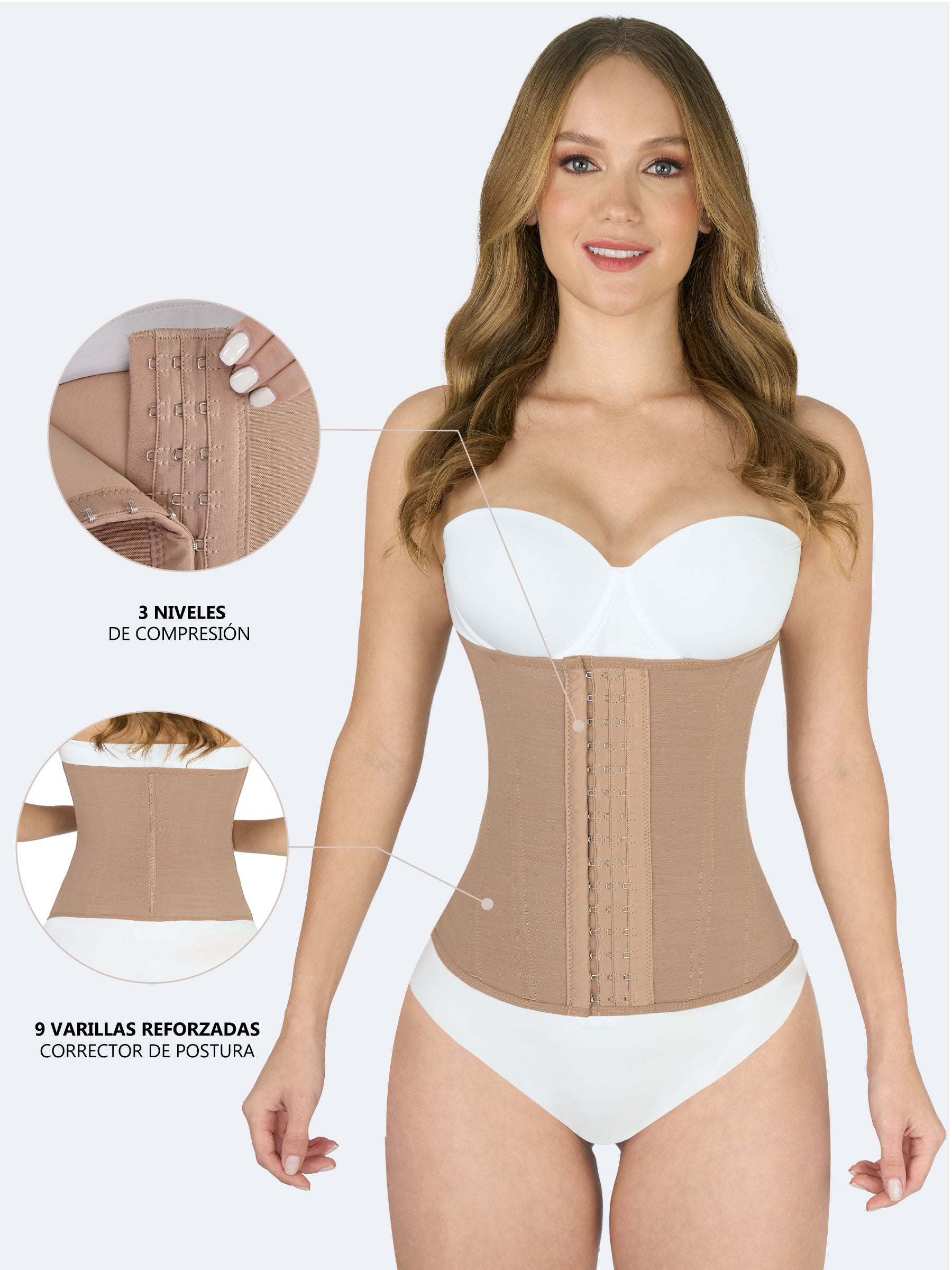 Mujer usando cinturilla moldeadora en color moca, Faja Colombiana con tres niveles de compresión en broches frontales y nueve varillas reforzadas que corrigen la postura. La imagen incluye acercamientos que destacan los broches y la estructura interna de la prenda.