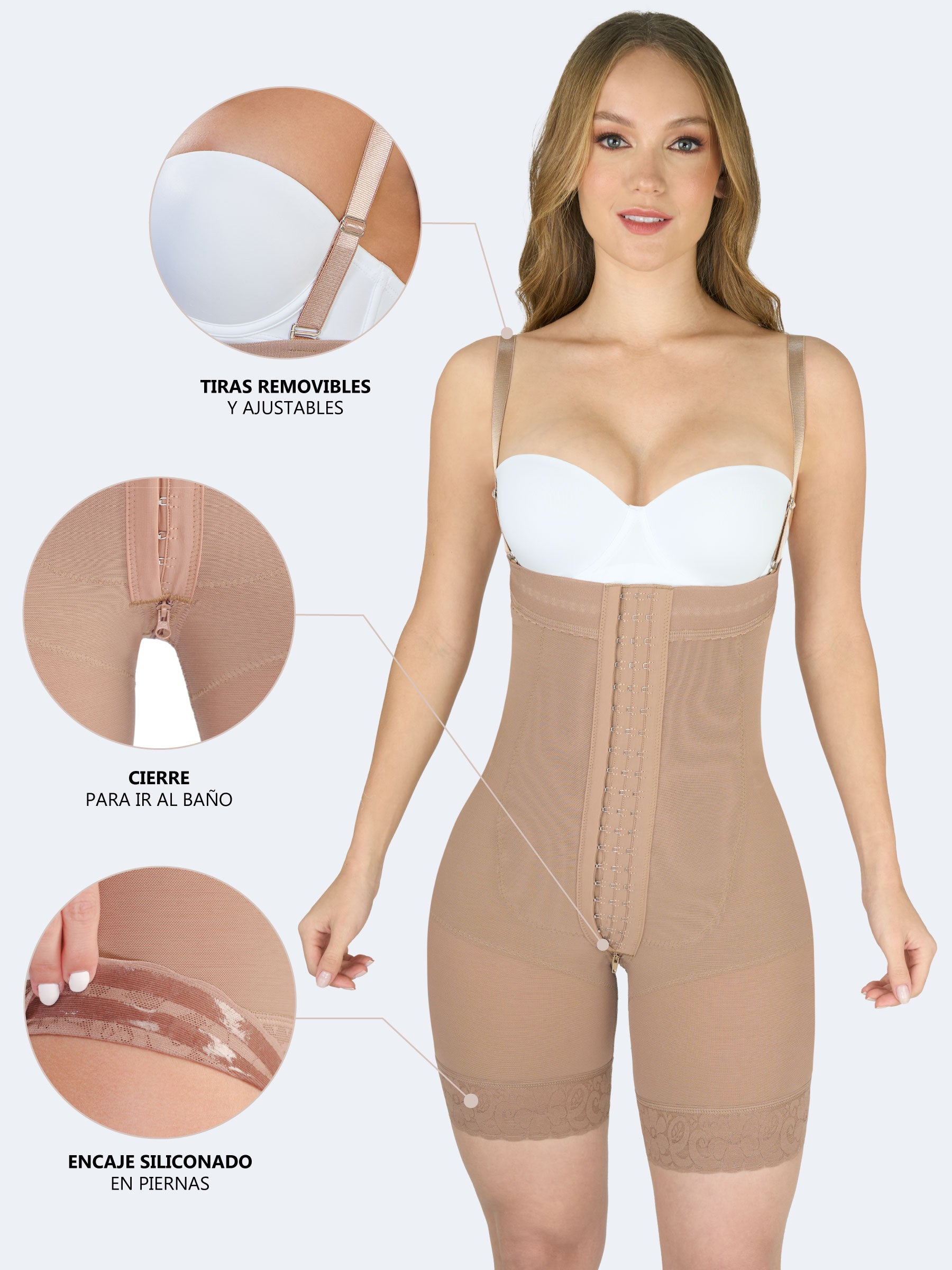 Acercamientos de la faja colombiana Full Body strapless color moca, mostrando tiras removibles y ajustables, cierre para ir al baño y encaje siliconado en piernas.