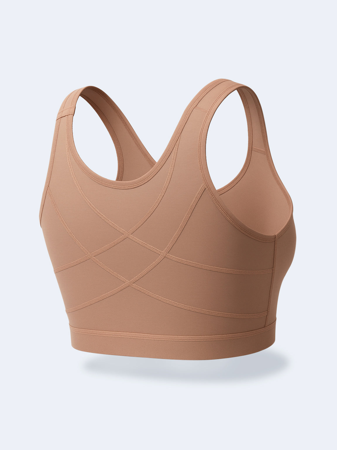 Vista posterior de brasier en 3D color moca con diseño en X en la espalda que brinda soporte
#color_Mocha / Moca