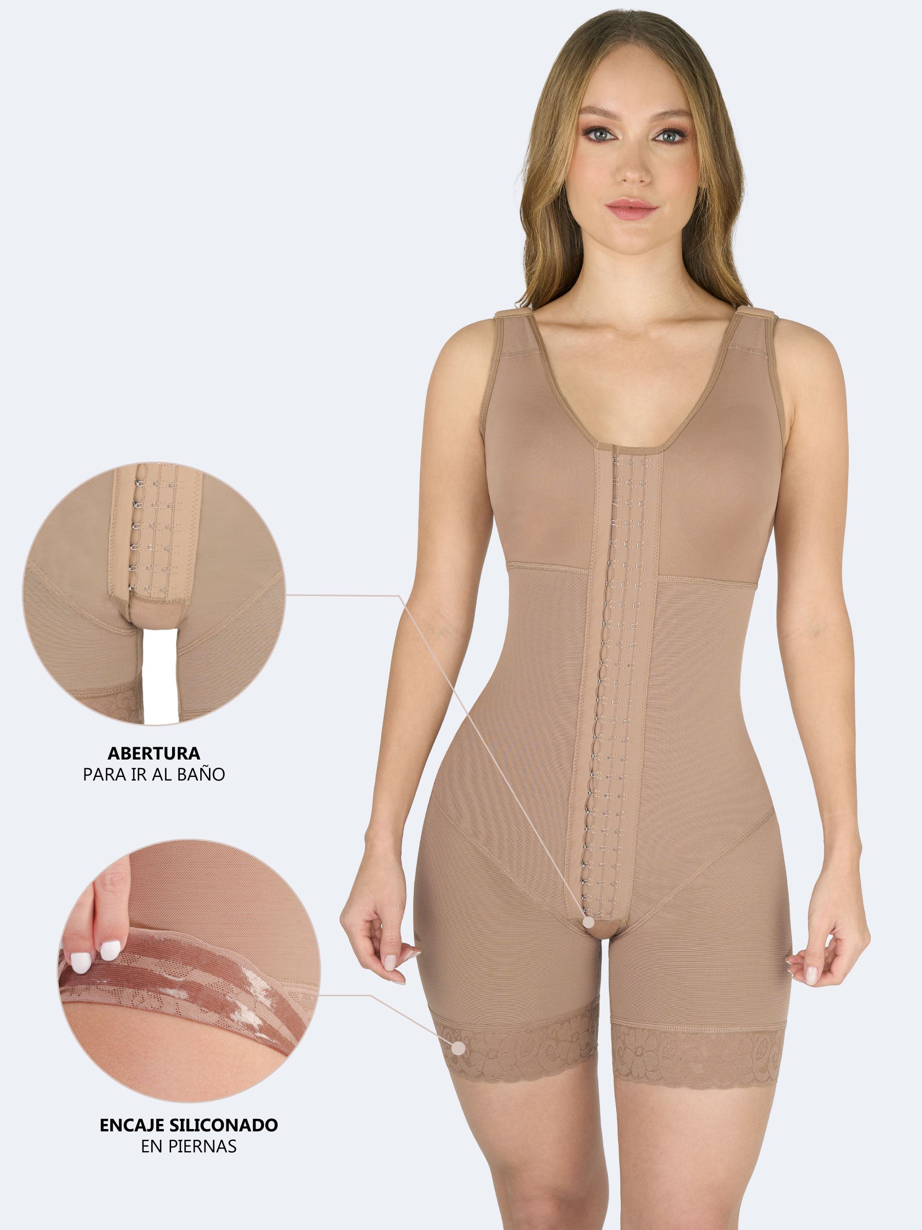 Ilustración de faja colombiana Full Body con Busto en color moca mostrando beneficios: abertura íntima para ir al baño y encaje siliconado en piernas que evita que se enrolle.