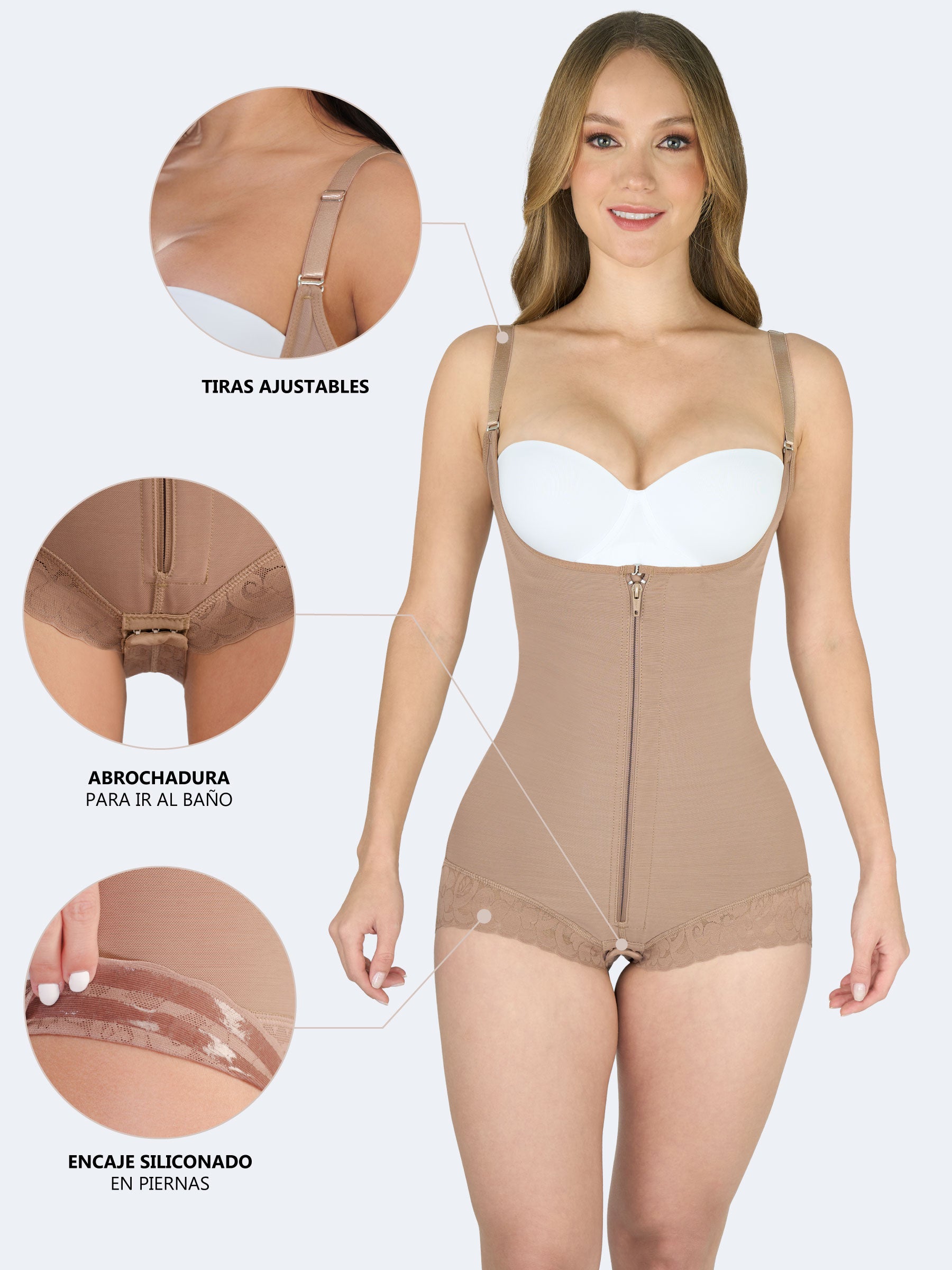 Acercamientos de la faja colombiana Full Body Panty en color moca, mostrando tiras ajustables, broche íntimo para ir al baño y encaje siliconado en piernas.
