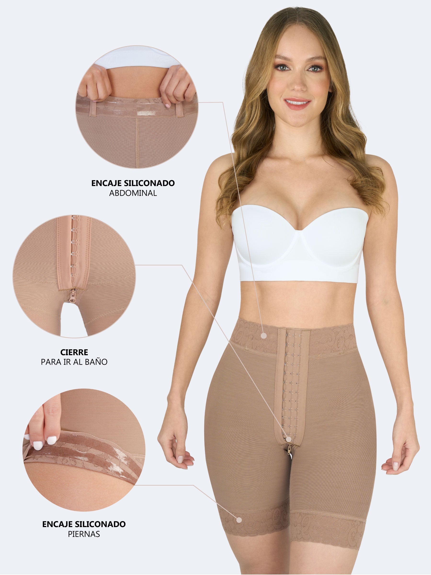 Imagen de faja colombiana short levanta cola color moca con broches frontales. Muestra detalles de encaje siliconado en cintura y piernas, además de cierre para ir al baño