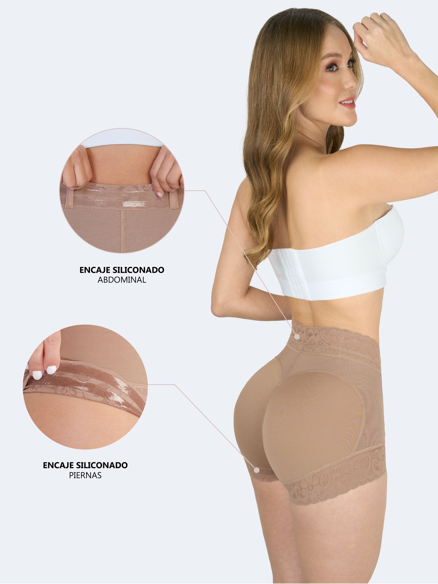 Imagen de faja colombiana short tipo panty color moca, con acercamientos que destacan el encaje siliconado en la zona abdominal y en las piernas para mayor ajuste.
