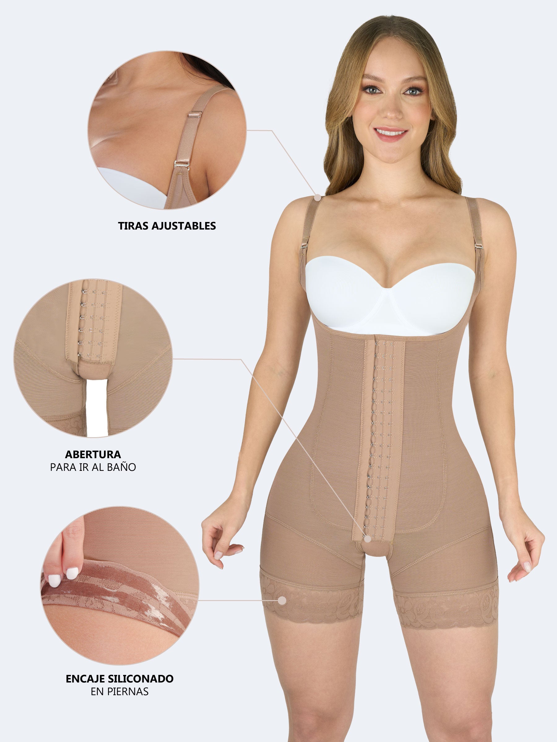 Acercamientos de la faja colombiana full body con tirantes en color moca, mostrando tiras ajustables, encaje siliconado en las piernas y abertura inferior para ir al baño