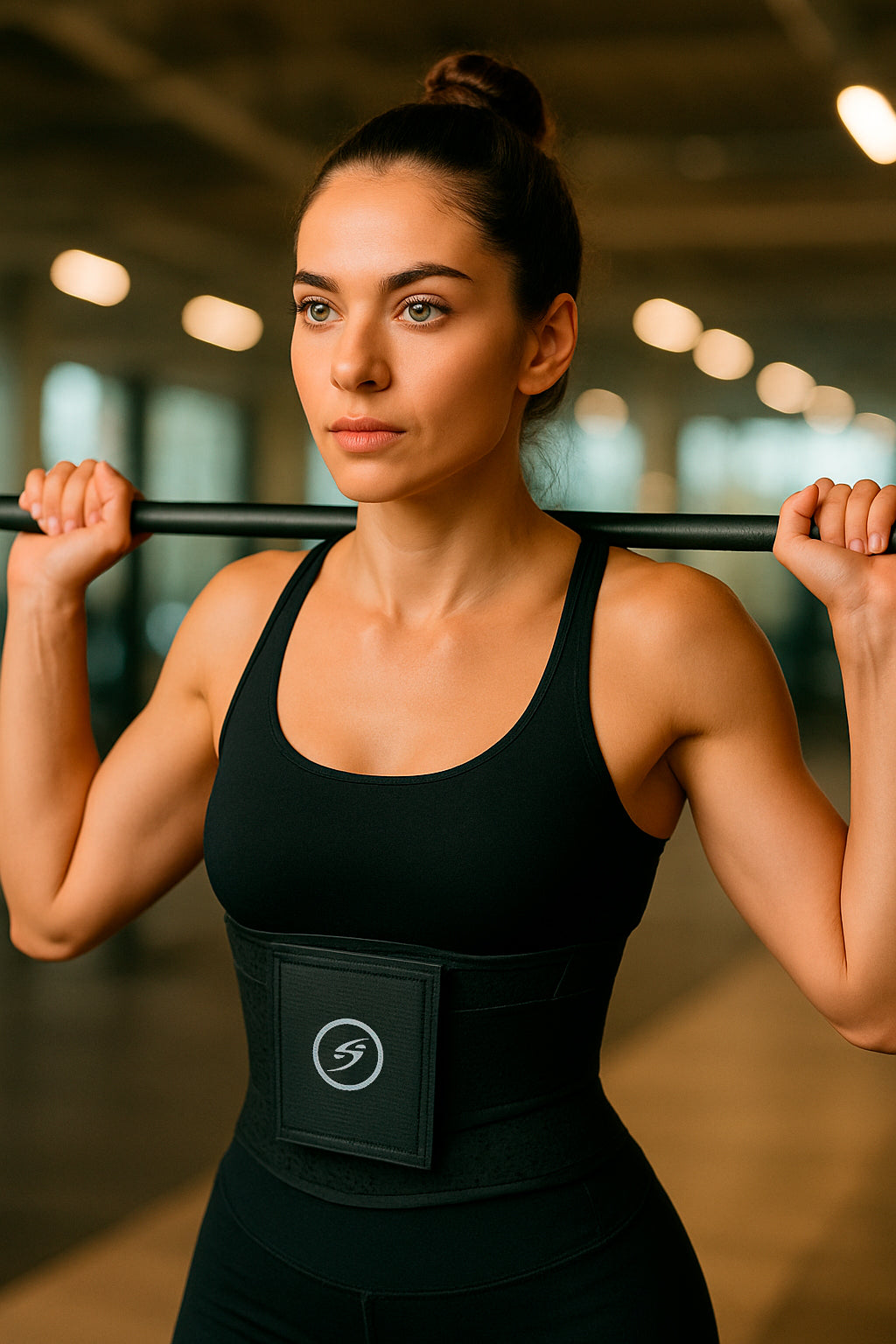 Mujer atlética latina levantando una barra en el gimnasio, usando faja deportiva negra con logo Sparta.