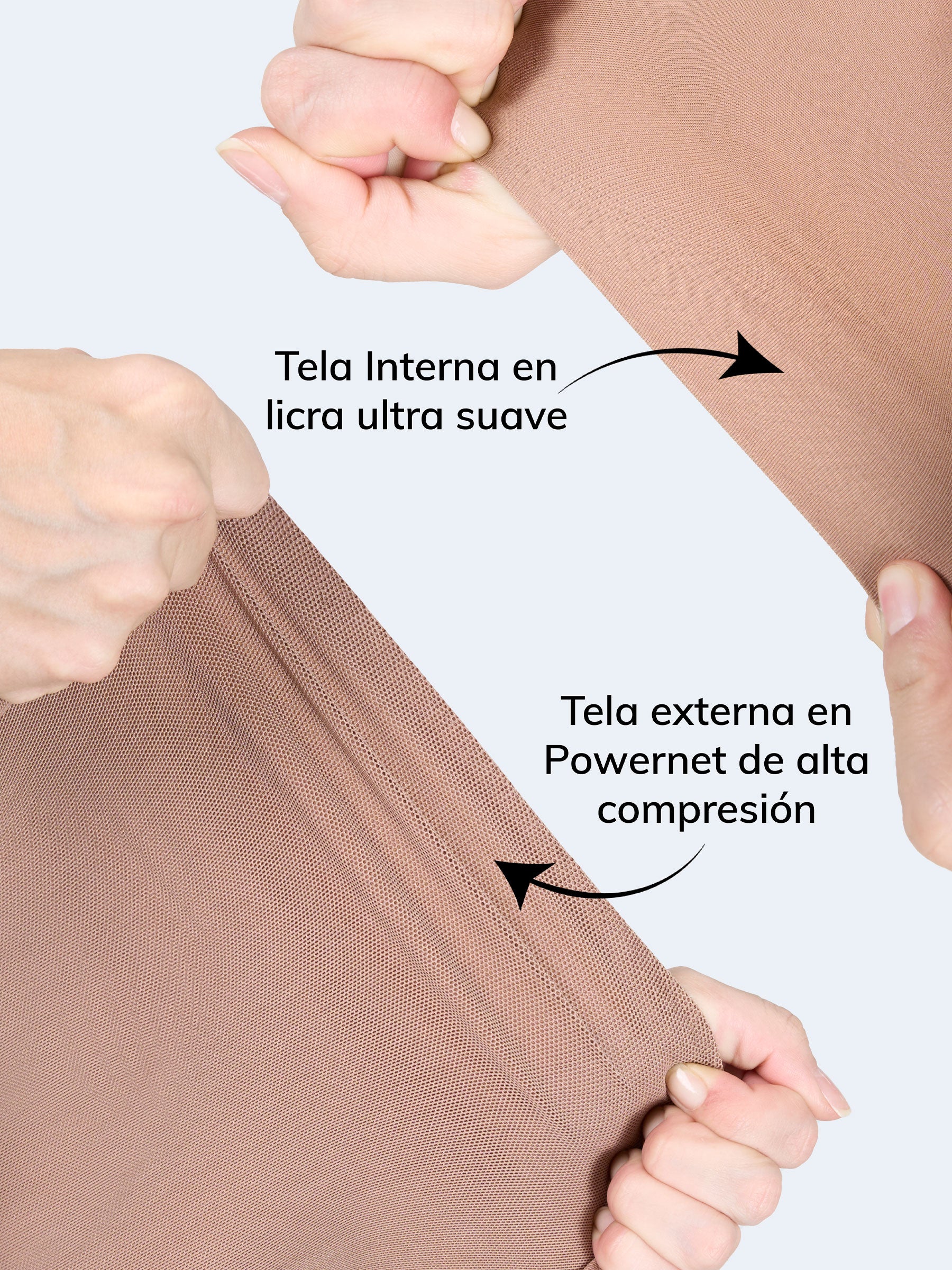 Imagen con acercamiento a las telas de la faja colombiana color moca: interior en licra ultra suave y exterior en powernet de compresión