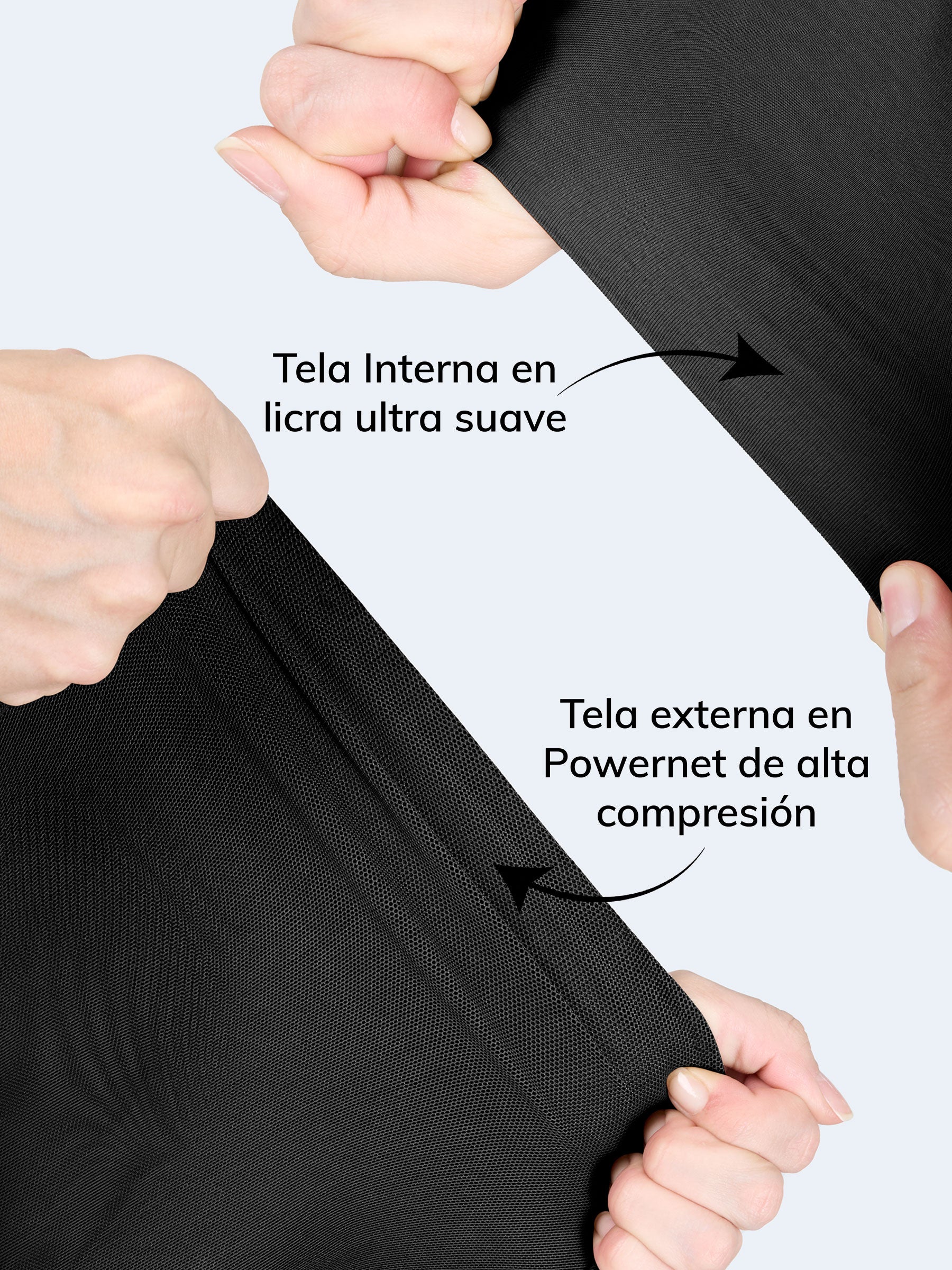 Imagen con acercamiento a las telas de la faja colombiana color moca: interior en licra ultra suave y exterior en powernet de compresión
#color_Black / Negro