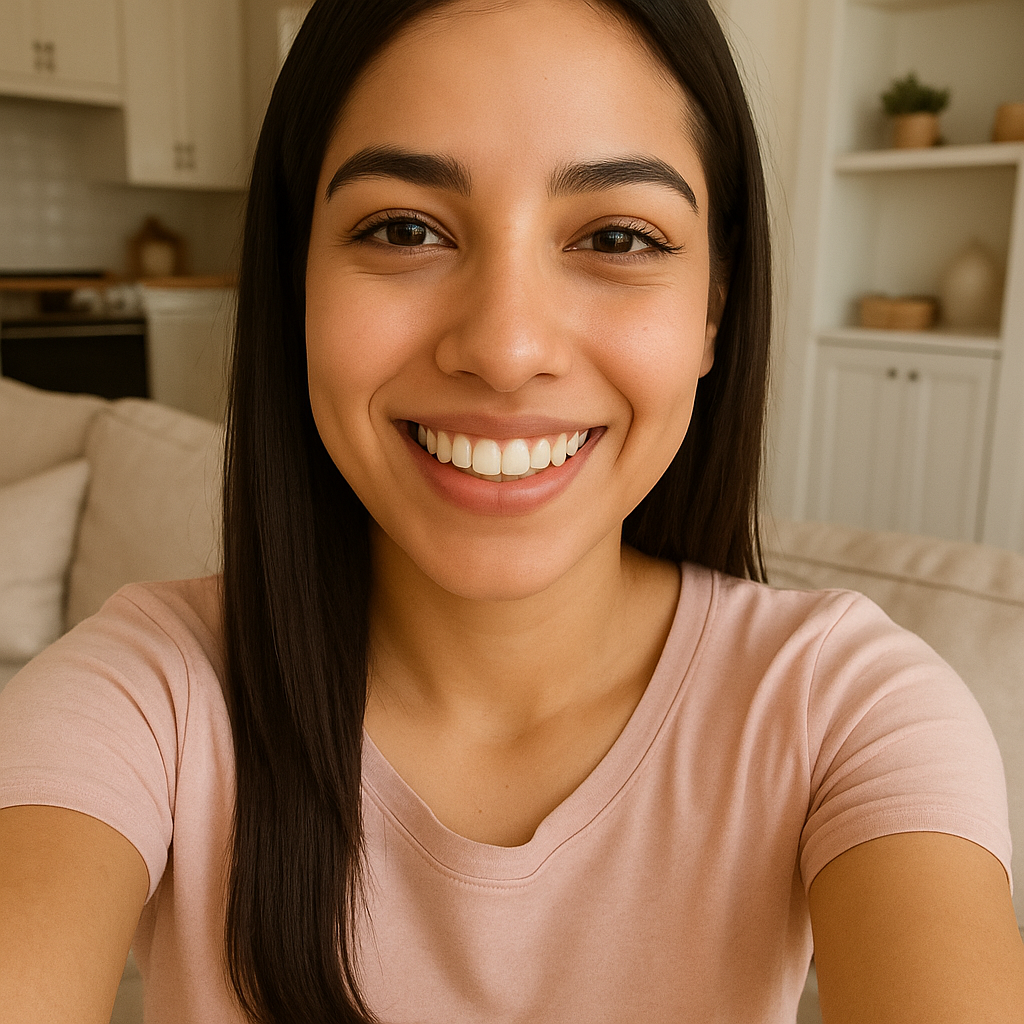Selfie mujer latina feliz despues de haber recibido su faja colombiana marca sparta