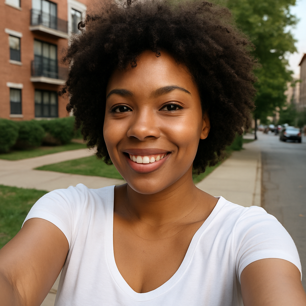 Mujer joven de cabello rizado corto sonríe en una selfie al aire libre. Viste camiseta blanca y detrás se ven edificios y árboles en una calle residencial.