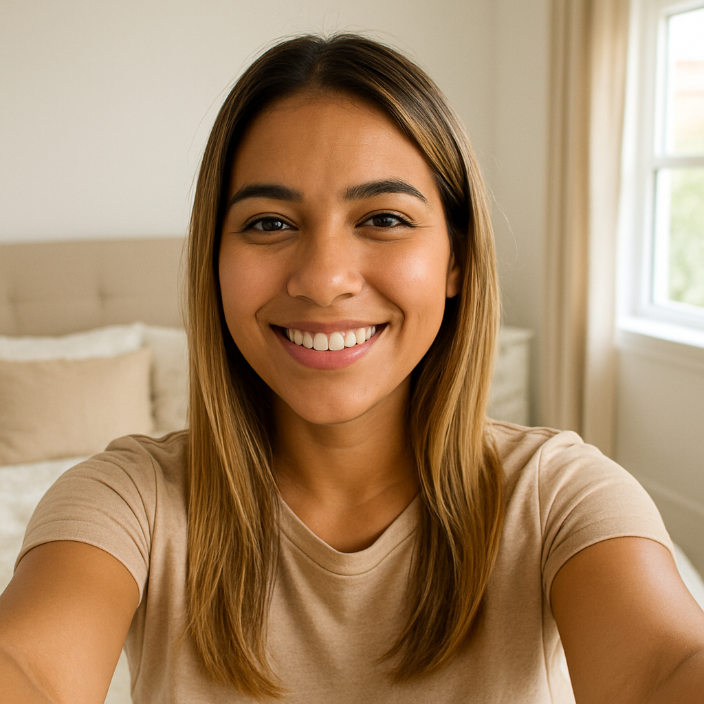 Mujer joven sonriente toma una selfie en un dormitorio iluminado. Viste camiseta beige y detrás se ven una cama con cojines claros y una ventana grande.
