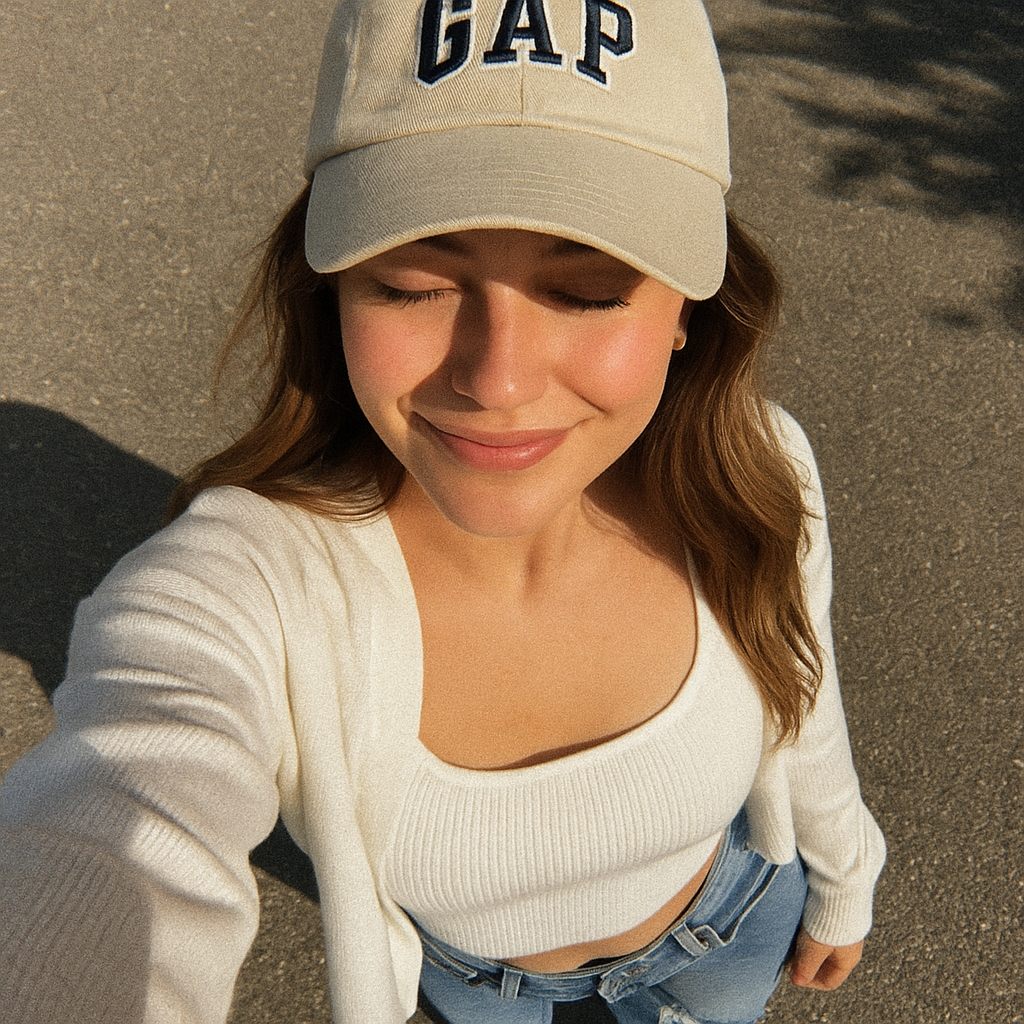 Mujer joven toma una selfie al sol con los ojos cerrados y ligera sonrisa. Lleva gorra beige con logo GAP, top blanco, cárdigan y jeans de tiro alto.