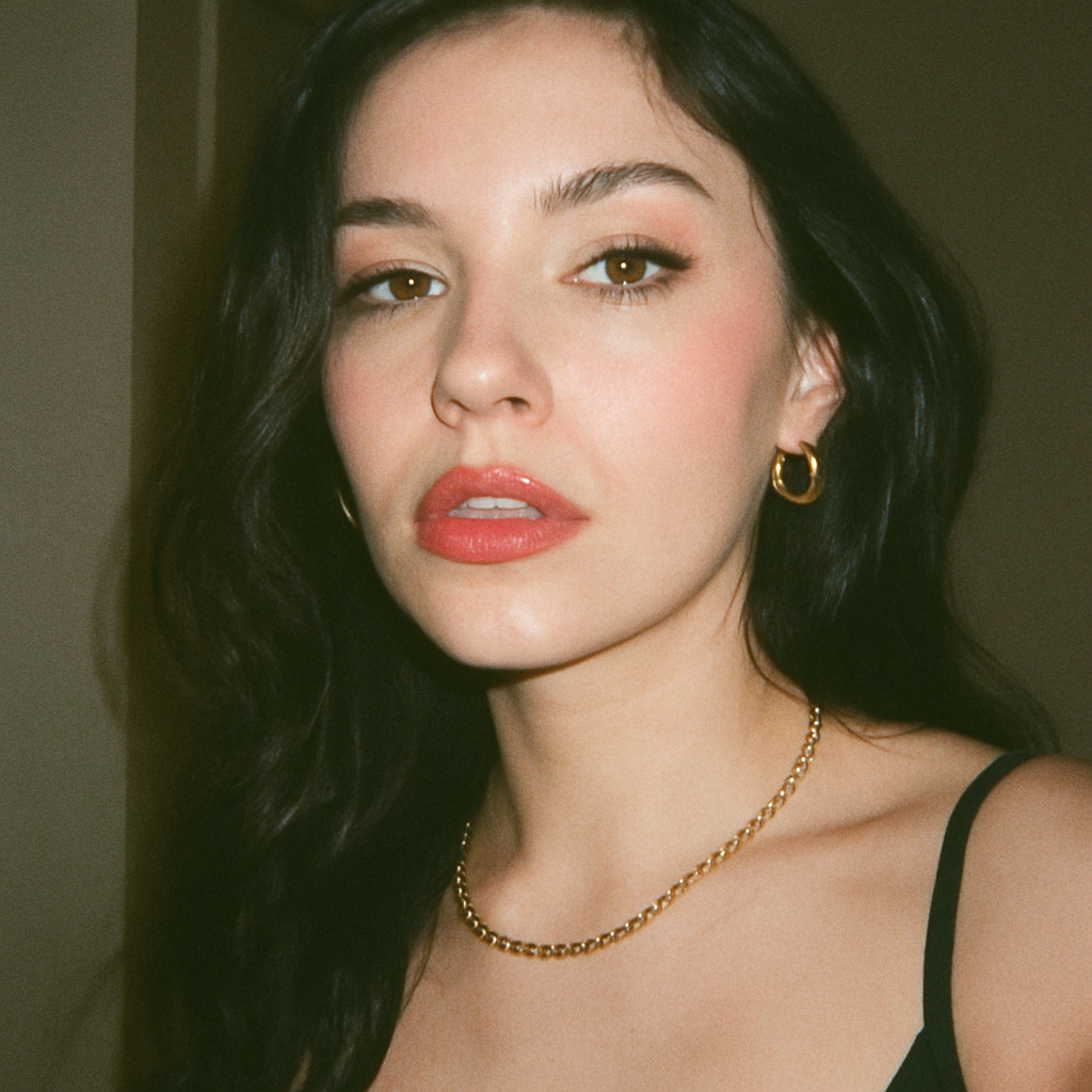 Mujer de cabello largo y oscuro mira a la cámara con expresión seria. Lleva aretes dorados, collar de cadena dorada y tirantes negros visibles en su atuendo.