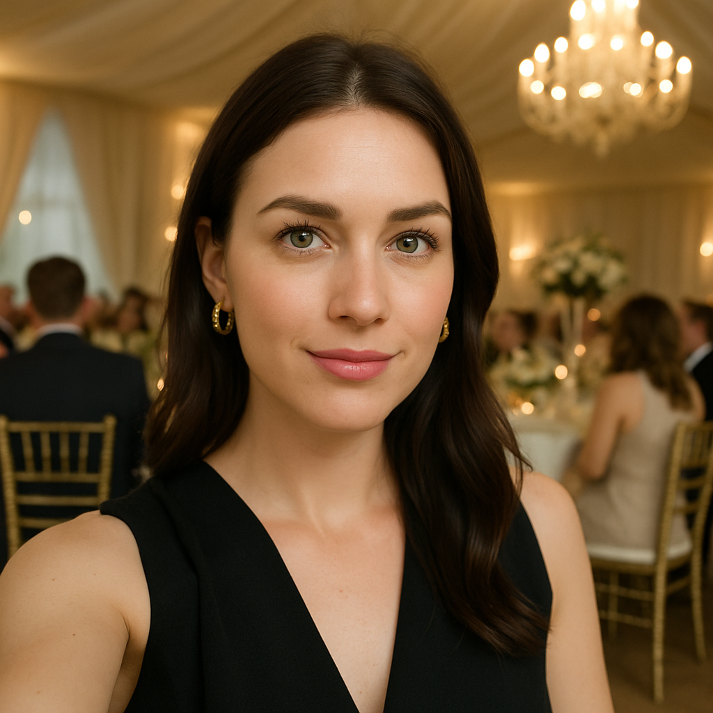 Mujer joven de cabello castaño posa con vestido negro en una boda elegante. Detrás se ven mesas decoradas, invitados y un gran candelabro iluminado.