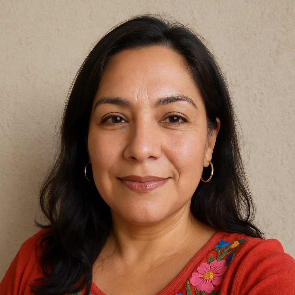 Mujer de mediana edad con cabello oscuro suelto sonríe levemente a la cámara. Lleva una blusa roja con bordados florales y aretes dorados.