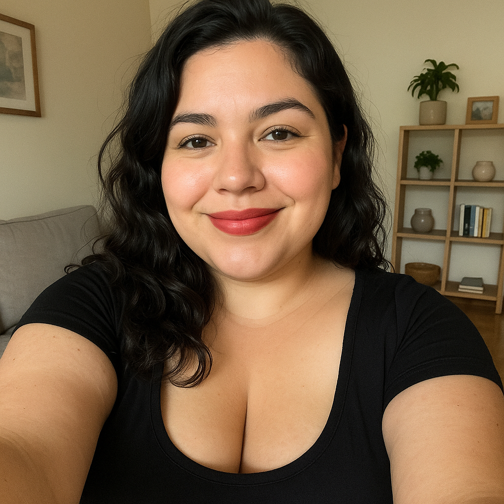 Mujer de cabello oscuro y ondulado sonríe en una selfie dentro de su sala. Viste camiseta negra y al fondo se ven un sofá y una estantería con plantas.