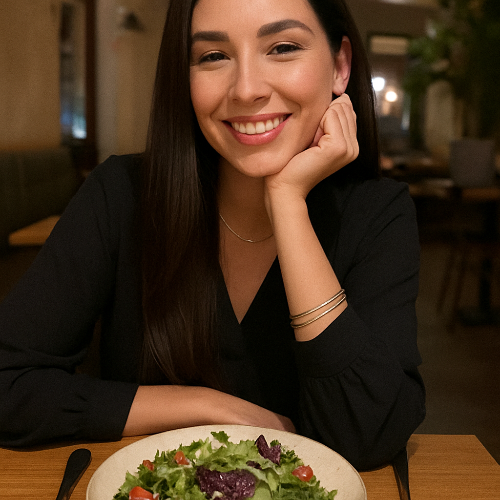 Mujer sonriente de cabello largo y oscuro está sentada en un restaurante. Lleva blusa negra y frente a ella hay un plato con ensalada fresca.