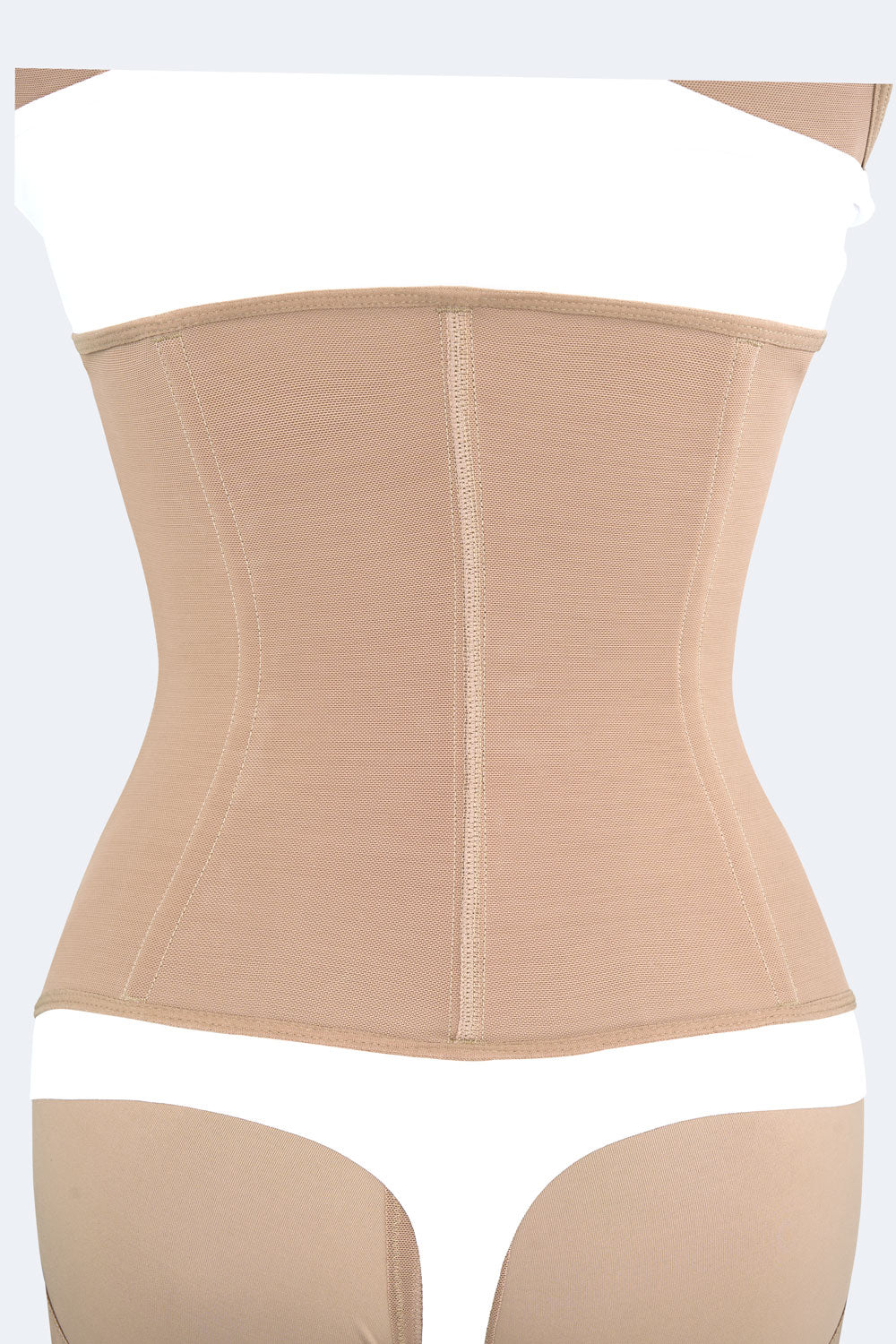 Detalle trasero de cinturilla moldeadora en color moca, Faja Colombiana que muestra las costuras reforzadas y varillas internas para moldear la cintura y mejorar la postura