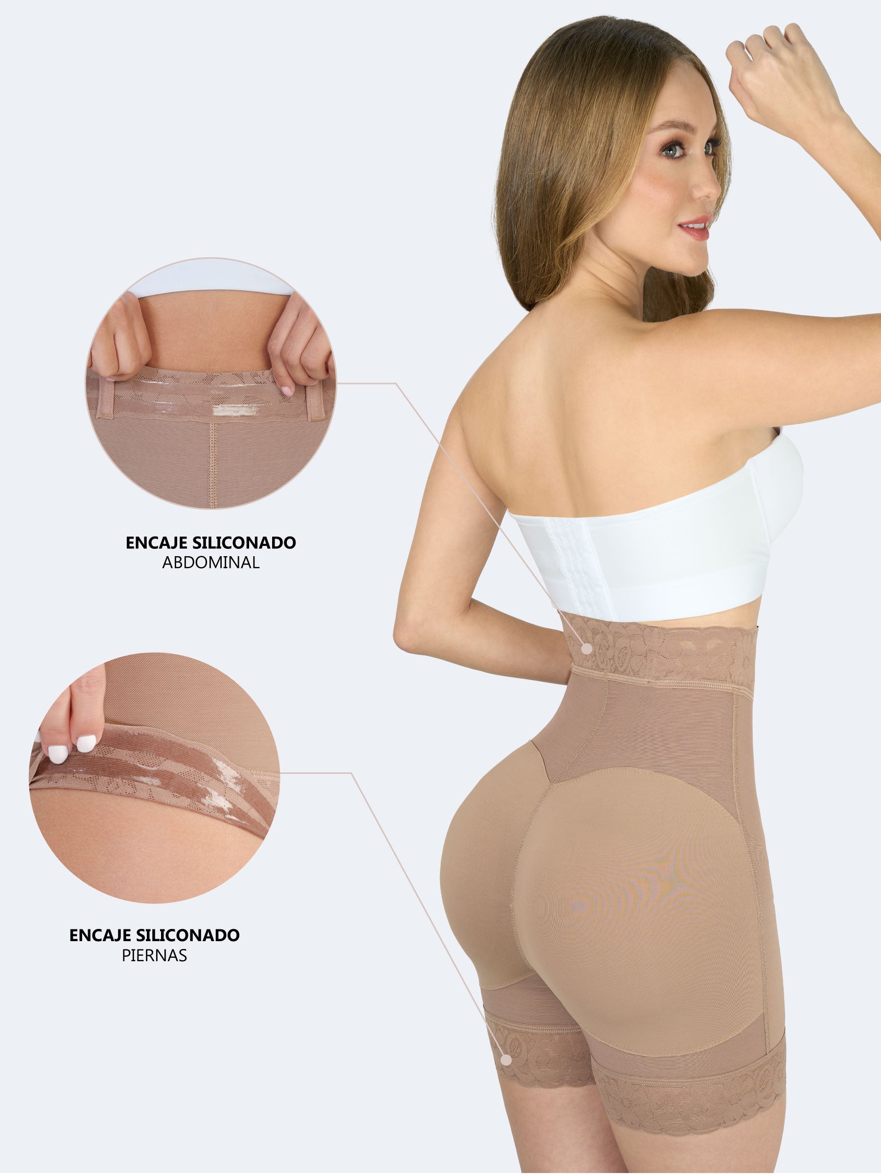 Vista trasera de mujer usando short levanta cola alto color cocoa, Faja Colombiana con realce de glúteos y detalles en encaje siliconado. La imagen incluye acercamientos que muestran el encaje siliconado en la cintura abdominal y en el borde de las piernas para garantizar un ajuste firme y antideslizante