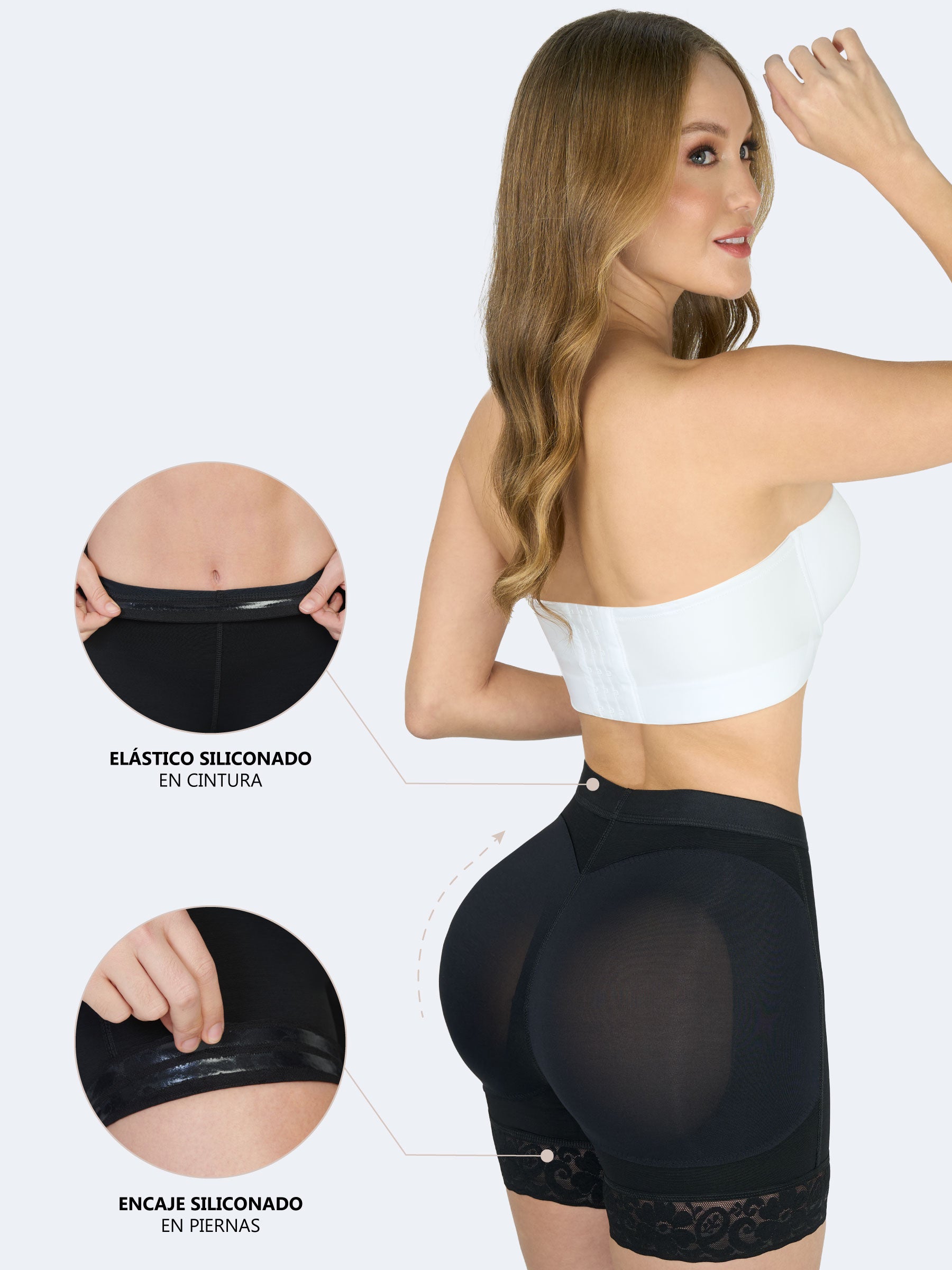 Mujer usando short levanta cola corto en color negro, Faja Colombiana con realce de glúteos. La imagen incluye acercamientos que muestran el elástico siliconado en la cintura y el encaje siliconado en piernas, diseñados para brindar ajuste firme y antideslizante