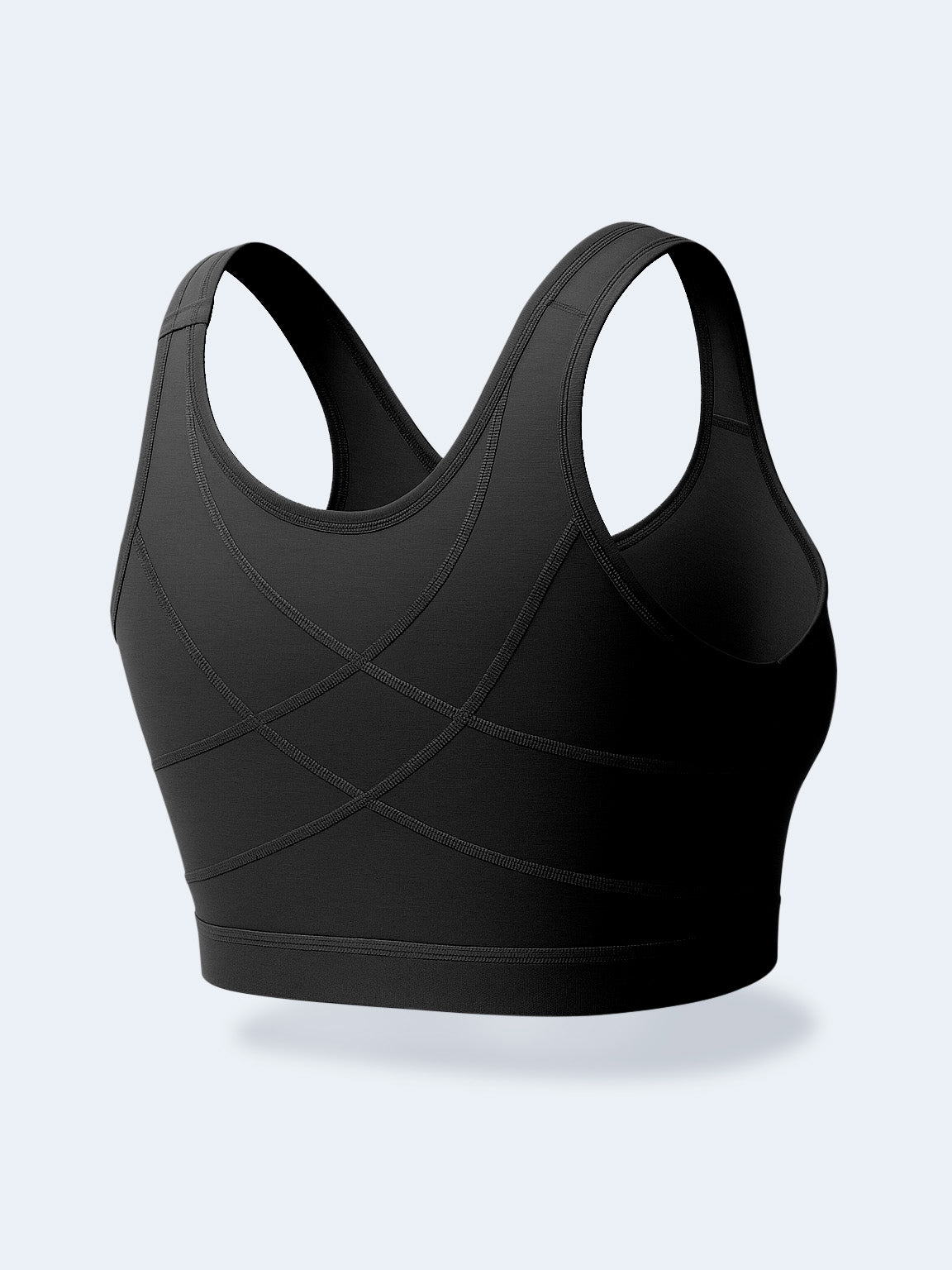 Vista posterior de brasier en 3D color negro con diseño en X en la espalda que brinda soporte  #color_Black / Negro