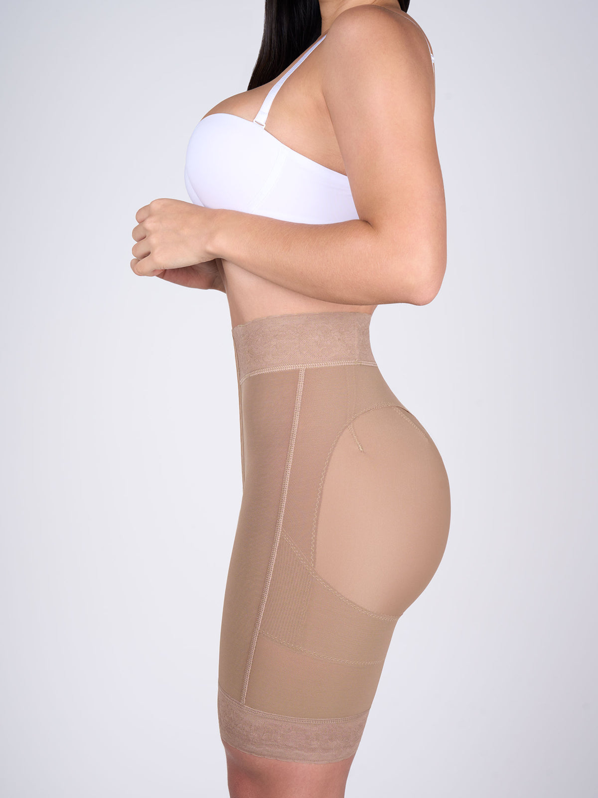 Mocha Colombian high-waisted butt-lifting shorts with hooks, side view, firm compression at the lower tummy and natural butt lift #color_Mocha