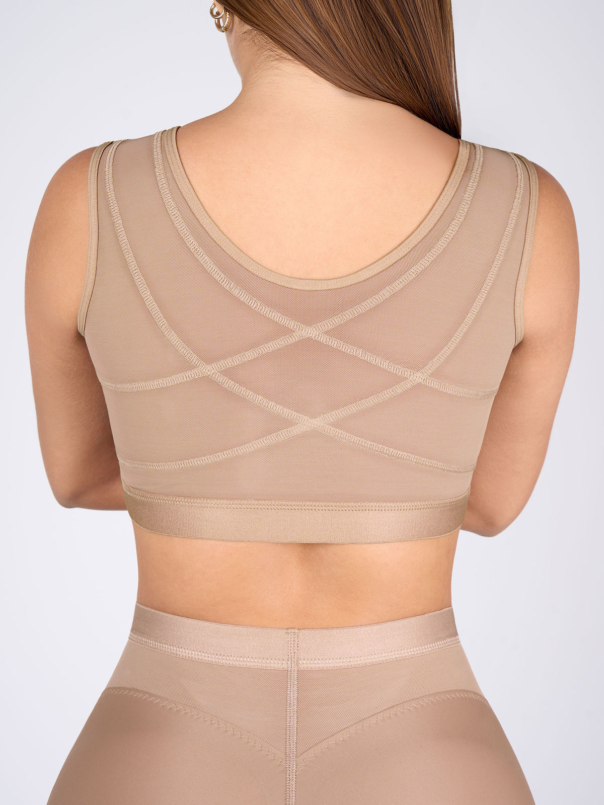 Back view of the mocha bra for a fuller bust with an X-shaped back design that provides support and helps improve posture #color_Mocha